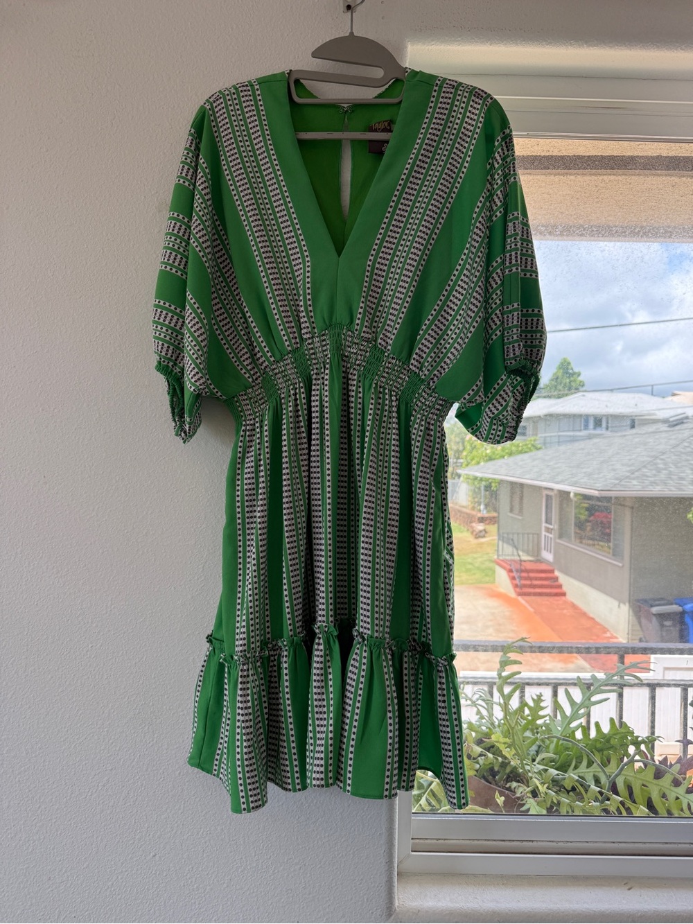 Taylor Green and White Striped V-Neck Dress